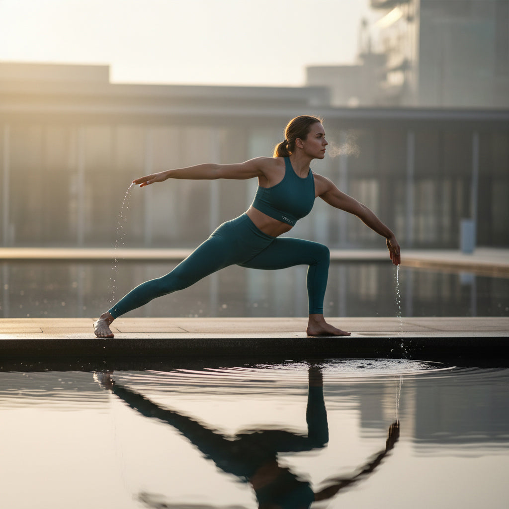 Femme en tenue de sport VIXXA réalisant un exercice d’équilibre, élégance et contrôle du mouvement